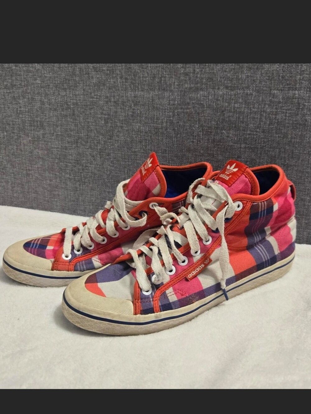 adidas Red and Pink Plaid High-Top Sneakers